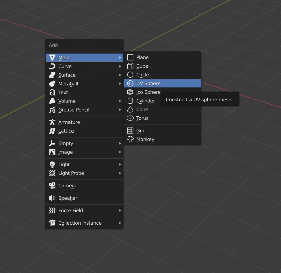 Context menu. Mesh – UV Sphere