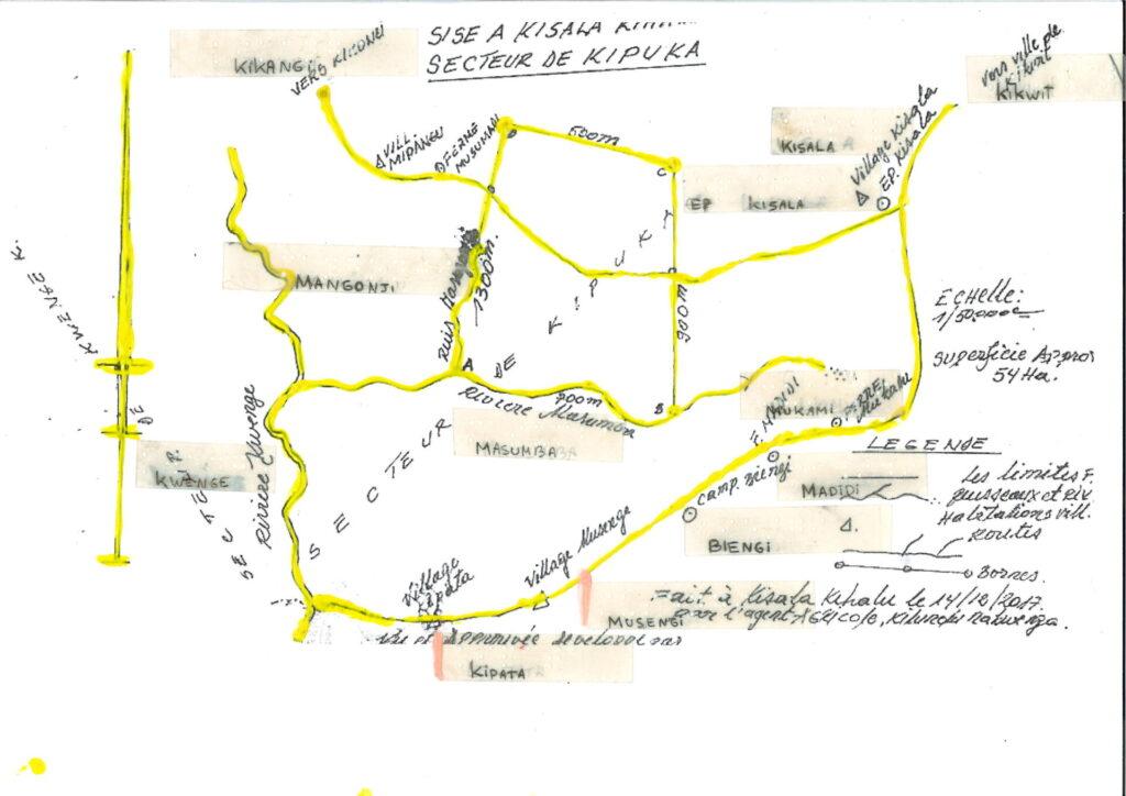 A laminated A4 map with roads and rivers marked with glue. Braille is applied