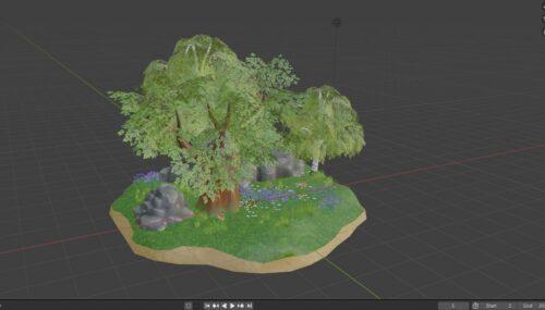 A 3D model with three trees, rocks and vegetation on top of uneven terrain. 