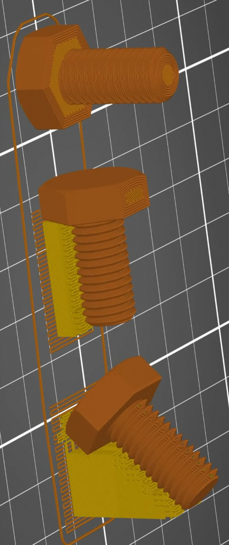 Three models of a bolt each in a different direction. One has the head side of the bolt facing the bottom and no support. One is horizontal with support on the thread of the bolt. The last one is in a 45 degree angle with support on the entire bottom of the model.