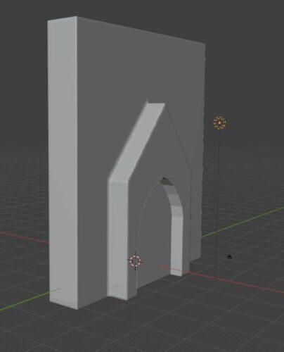 he new model is shown. A rectangle was made to represent the façade. Against the façade we added a rectangle with a pyramid on top. In this shape we created a cutout which represents the entrance. 
