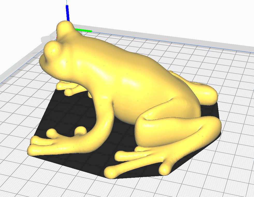 In this picture you see again a screenshot of Prusa Slicer, but now the two submodels have become one complete frog. What is surprising is that the frog is completely yellow now, so you don