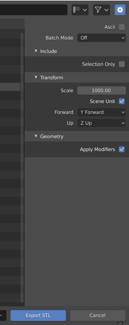 Save menu. It offers several configuration options. Scale should be set to 1000. Scene Units should be checked. Forward vector should be set to Y Forward and Up vector to Z Up. Apply Modifiers should be checked.