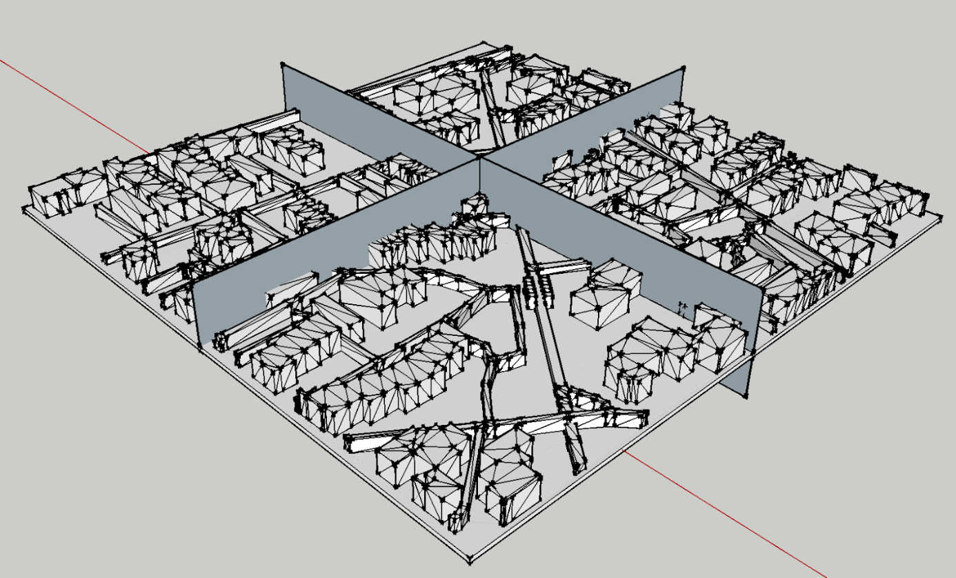 Screenshot of a map imported into Sketchup in STL format. The map is divided into four parts by two planes.