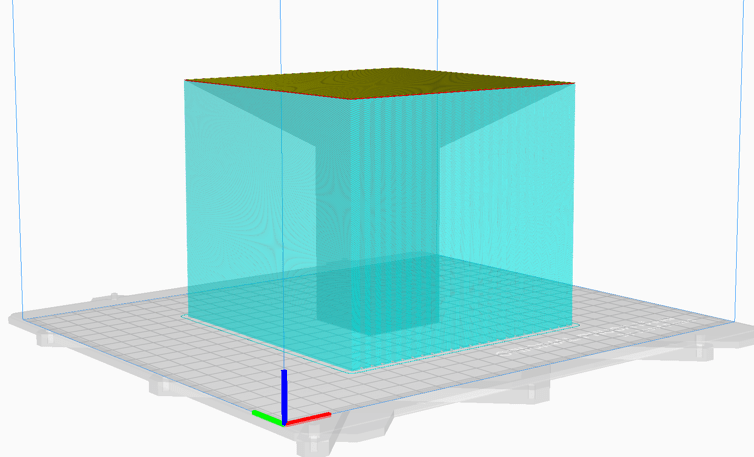 A screenshot of the slicer software where a structure is on the build plate. The structure is a rectangular column with a structure on top that has severe overhangs on all four sides of the column.